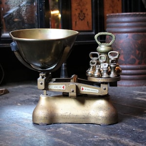 Antique Brass Balance Scales by W & T Avery Ltd with Full Set of Weights - Grocers Scales