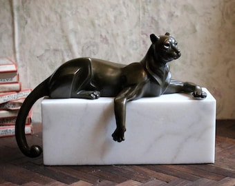 Art Deco Cubist Bronze Panther Sculpture – Reclining Big Cat on White Marble Plinth