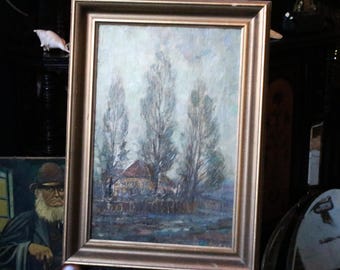 Vintage Mid-Century Landscape Oil Painting – Cottage and Tall Trees – Framed Original Art