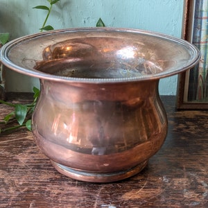 May include: A copper planter with a slightly flared rim and a smooth, polished finish. The planter has a rounded base and a slightly wider opening.
