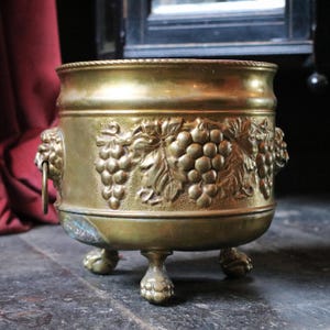 Early 20th.C Arts & Crafts Brass Embossed Plant Pot / Jardiniere