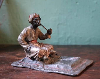 Cold-Painted Spelter Bergman Style Figure – Turbaned Pipe Smoker on Carpet Tray