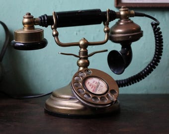 Vintage 1930's Rotary Desk Telephone - Brass & Black Retro Phone