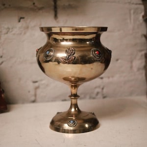 Vintage Indian Pedestal Bowl / Planter With Inset Stones
