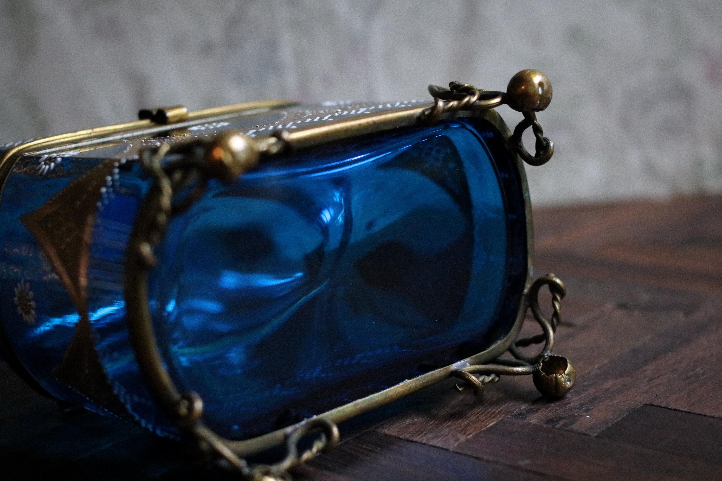Antique Bohemian Moser Blue Glass Casket Box – Hand-painted With