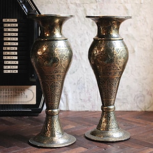 Pair of Antique Indian Brass Vases with Engraved Motifs – 10.5&quot; Tall