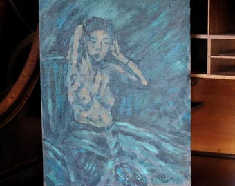 Vintage 1950s Figurative Oil Painting – Seated Woman in Blue – Signed Original Canvas