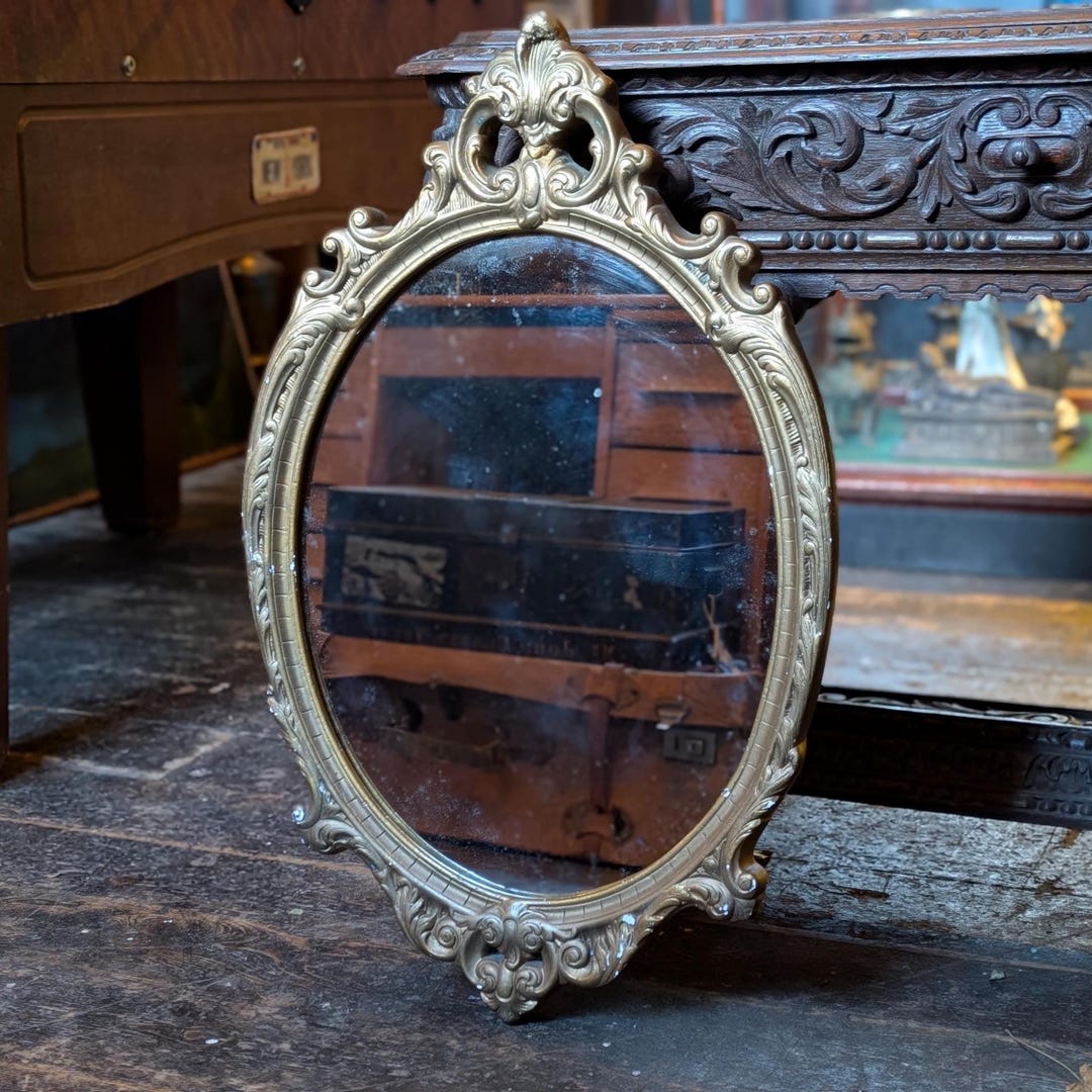 Vintage Gilt Oval Wall Mirror With Ornate Rococo Style Frame and Foxed ...