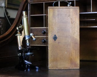 Antique Brass Monocular Microscope – Fitted Mahogany Case With Glass Slides and Accessories