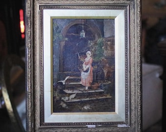 Antique Framed Oil Painting On Board - Courtyard Lady & Doves Scene - Ornate Gilt Wood Frame - 31 x 39 cm