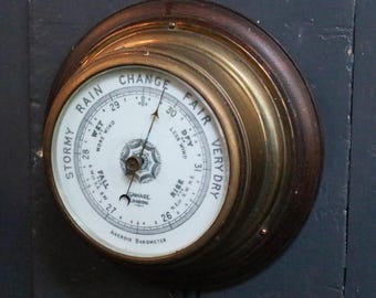 Antique Gamage London Aneroid Barometer – Brass and Wooden Wall Weather Instrument – Working