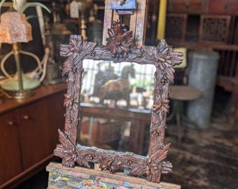 19th.C Antique Swiss Black Forest Carved Wall Mirror