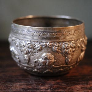 Antique Burmese White Metal Thabiek Bowl