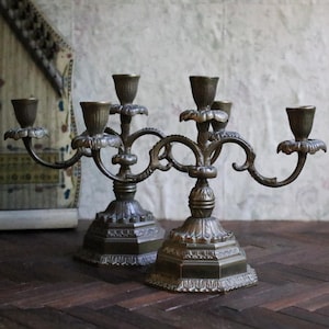 Pair of Antique Early 20th Century Ornate Brass Candelabra Candle Holders