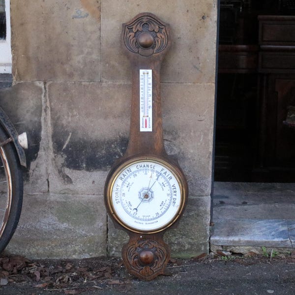 Large Arts & Crafts Oak Barometer / Thermometer
