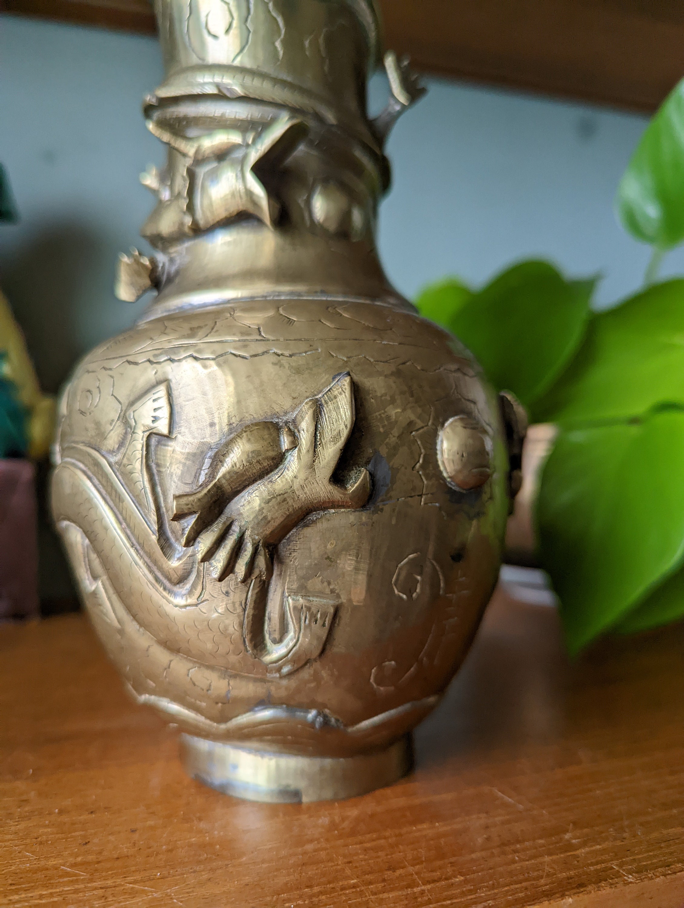 Vintage Brass Chinese Dragon Vase 