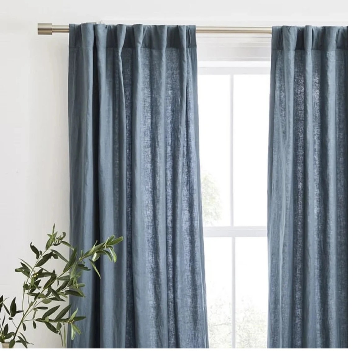 Dusty Blue Color Long Linen Curtain Linen Window Drapes Etsy