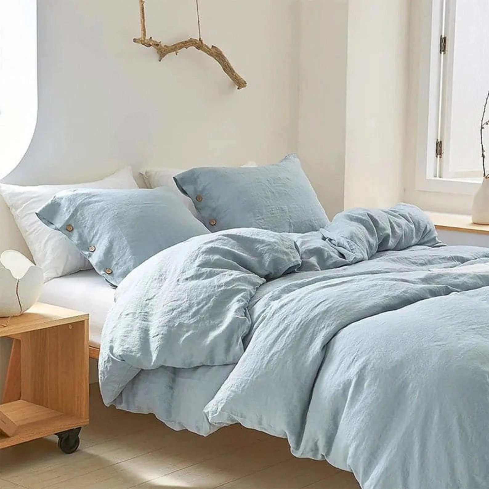 Blue Linen Bedding Set Duvet Cover Two Pillowcases Dusty Blue Etsy