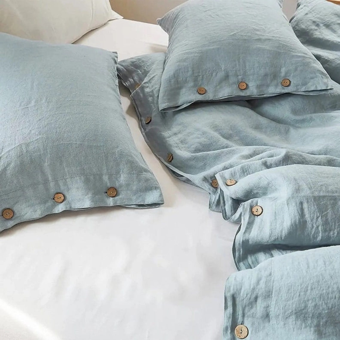 Blue Linen Bedding Set Duvet Cover Two Pillowcases Dusty Blue Etsy