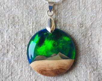 5th Wedding Anniversary Gift - Opal Pendant - Mum Gift - Northern Lights Pendant - Wood and Resin Necklace - Aurora Borealis