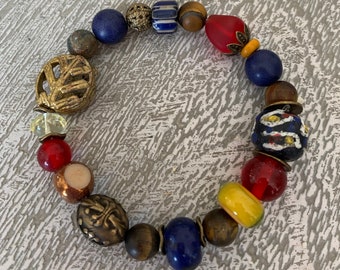 African Stretch Bracelet. African Beads, Horn Beads, Lampwork, Glass, African Brass