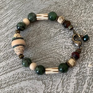African Stretch Bracelet. Paper Bead From Africa, Bone Beads, Unique, One Of A Kind. Great Gift For Her
