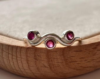 Sterling Silver Ruby Ring – Three Stone Wave Design | Natural Ruby Gemstone | Fixed Size 10 | Handmade 925 Silver Birthstone Ring
