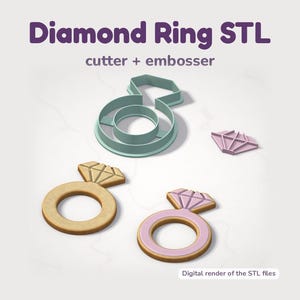 Może przedstawiać: Zestaw do wycinania i wytłaczania ciastek w kształcie pierścionka z diamentem w kolorze morskim z napisem Diamond Ring STL cutter + embosser. Zawiera dwa ciasteczka w kształcie pierścionka, beżowe i różowe, oraz mały różowy element.