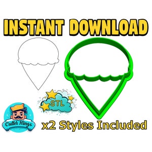 Könnte beinhalten: Zwei Arten von Keksausstechern in Form von Eiswaffeln, einer in Grün und einer in Schwarzweiß. Der grüne Ausstecher ist ein durchgehendes Design, während der Schwarzweiß-Ausstecher eine Umrandung ist. Das Bild enthält den Text "STL" und "x2 Styles Included".