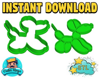 May include: A digital download of an STL file for a 3D printed balloon animal cookie cutter. The cookie cutter is shaped like a green balloon dog. The image also includes the text "INSTANT DOWNLOAD" and "STL".