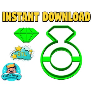 May include: Green plastic cookie cutter shaped like a diamond ring. The cutter is designed for making cookies, fondant, or other edible decorations.  The image includes the text "STL" and "Cutter Kings".