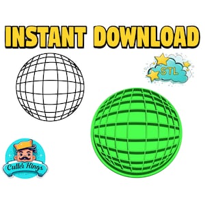 May include: A 3D printable model of a sphere with a grid pattern. The model is shown in black and white line art and in a green 3D render. The image includes the text "STL" in a speech bubble.