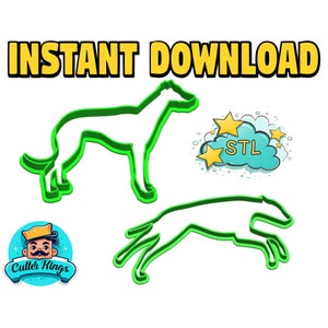 May include: Two green 3D printed STL files of a dog in different poses. The dog is standing on all fours in one pose and running in the other. The files are for instant download.