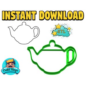 Puede incluir: Un cortador de galletas de plástico verde en forma de tetera. El cortador se muestra sobre un fondo blanco con un contorno en blanco y negro de la tetera arriba. El texto "STL" está en un bocadillo de diálogo azul con estrellas amarillas.