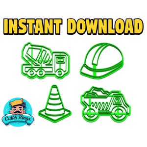 May include: A set of four green construction-themed cookie cutters: a cement mixer truck, a hard hat, a traffic cone, and a dump truck. The cutters are on a white background. The text "INSTANT DOWNLOAD" is at the top of the image.
