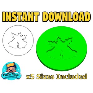 Può includere: Un download digitale di cinque file SVG di dimensioni diverse per un tagliapasta a forma di campana di Natale. L'immagine mostra un contorno verde del tagliapasta su uno sfondo bianco. Il testo "x5 dimensioni incluse" è sotto l'immagine.