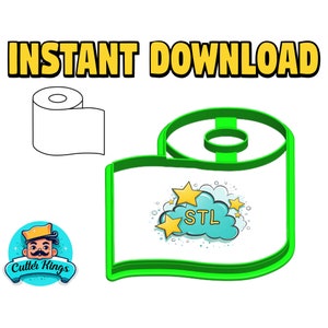 Puede incluir: Cortador de galletas impreso en 3D de color verde con forma de rollo de papel higiénico con una nube azul y estrellas amarillas con el texto "STL" dentro de la nube.