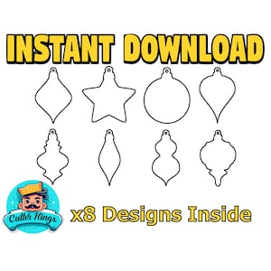 May include: Eight black and white outline designs of Christmas baubles. The designs include a star, a circle, a teardrop, and four different variations of a bulb shape. The text "x8 Designs Inside" is below the baubles.