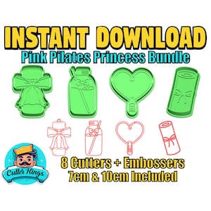 Puede incluir: Un conjunto de cortadores y grabadores de galletas verdes y rosas. El conjunto incluye formas como un lazo, un tarro, un corazón y un pergamino. El texto dice "INSTANT DOWNLOAD Pink Pilates Princess Bundle" y "8 Cutters + Embossers 7cm & 10cm Included".