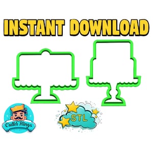May include: Two green cake-shaped cookie cutters with scalloped edges and a pedestal base. The words "INSTANT DOWNLOAD" are in yellow block letters. A logo with a cartoon chef and the words "Cutter Kings" is in the lower left corner.