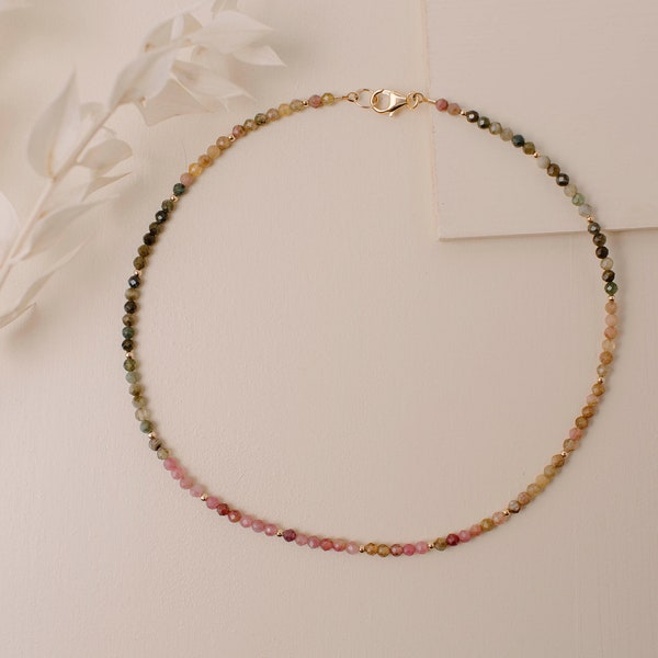 Multi Color Tourmaline Dainty Gemstone Necklace | 3mm Gemstone Necklace | Danity Necklace | Laying Necklace | Truebirdco