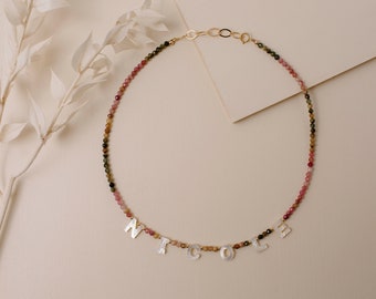 Multi- Color Pearl Letter Gemstone Necklace | Initial Necklace | Name Necklace | Pearl Name Necklace | Custom Name Necklace | Truebirdco