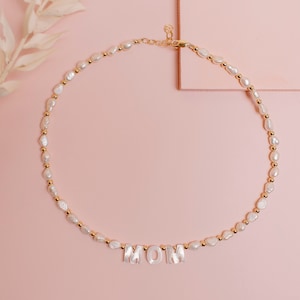 Pearl and gold name necklace | 14k gold filled 3mm Necklace with Pearl Letters | Initial Necklace | Name Necklace | Truebirdco