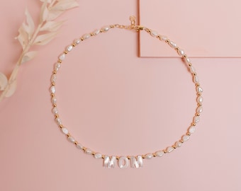 Pearl and gold name necklace | 14k gold filled 3mm Necklace with Pearl Letters | Initial Necklace | Name Necklace | Truebirdco