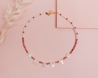 Fuchsia Pink and White Gemstone Necklace with Pearl Letters | Letter Necklace | Name Necklace | Custom Name Necklace | Truebirdco