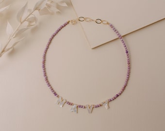 Purple Phosphosiderite Gemstone Name Necklace | Initial Necklace | Name Necklace | Pearl Letter Necklace | Custom Name Necklace | Truebirdco
