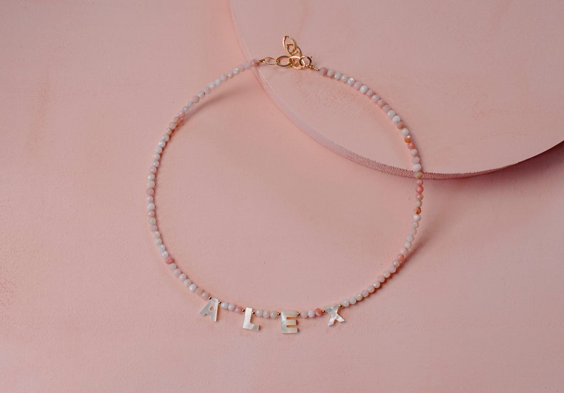 Pink Opal Gemstone Necklace with Pearl Letters Initial Necklace Name Necklace Name Necklace Custom Name Necklace Truebirdco image 1