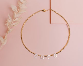 14k gold filled 3mm Necklace with Pearl Letters | Initial Necklace | Name Necklace | Custom Name Necklace | Truebirdco