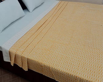 Floral Hand Block Print Kantha Quilt, Indian Cotton Bedding