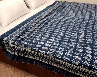 Indigo Kantha Quilt Handmade Indian Block Print Cotton Bedspread Twin Kantha Quilts Bedding throw